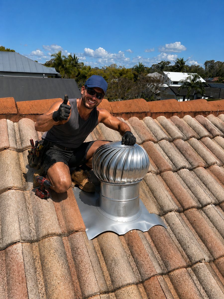 Mike — Brisbane whirlybird installer on the roof giving thumbs up